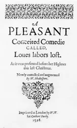"Loves Labours Lost", frontispice i första upplagan, tryckt i London av Cuthbert Burby, 1598